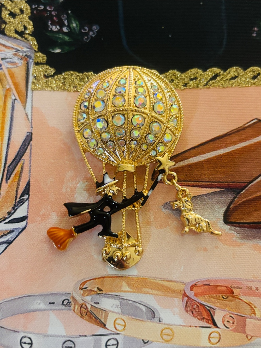 Gold-tone Hot Air Balloon Witch Brooch with Rhinestones